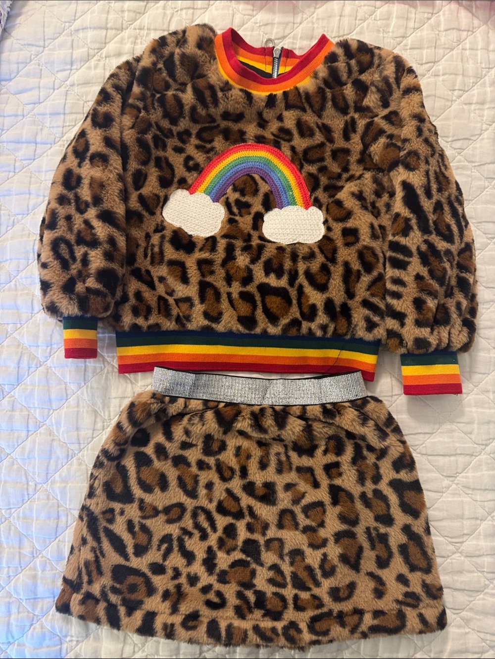 Neiman Marcus Leopard Fuzzy Rainbow Sweatshirt & Skirt Set